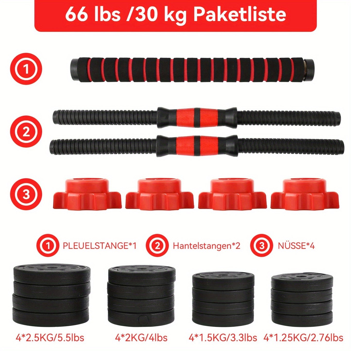 Ensemble haltères et barre réglables de 30 kg – Kit de musculation 2 en 1 pour la maison